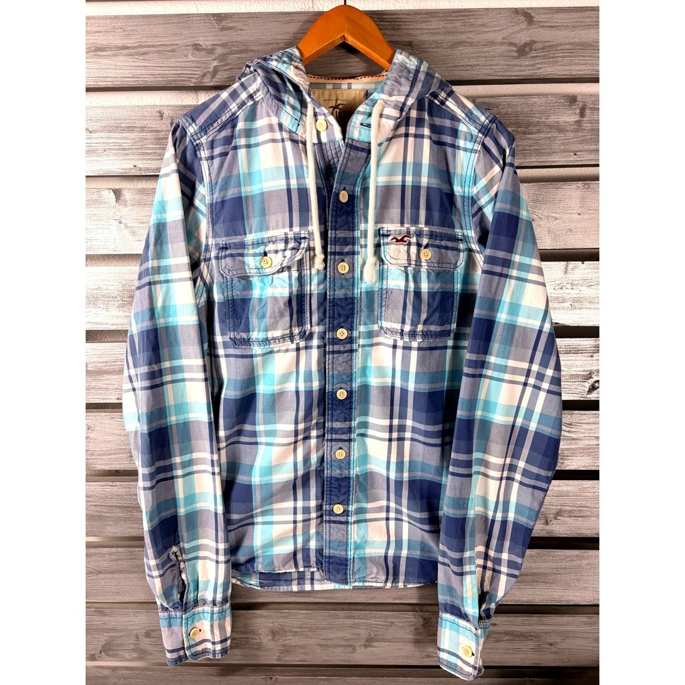 Vintage y2k Hollister Mens Blue Plaid Button Down Hooded Shirt Long Sleeve L/M